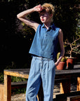 Collared Button Down Sleeveless Denim Top