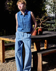 Collared Button Down Sleeveless Denim Top