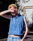 Collared Button Down Sleeveless Denim Top