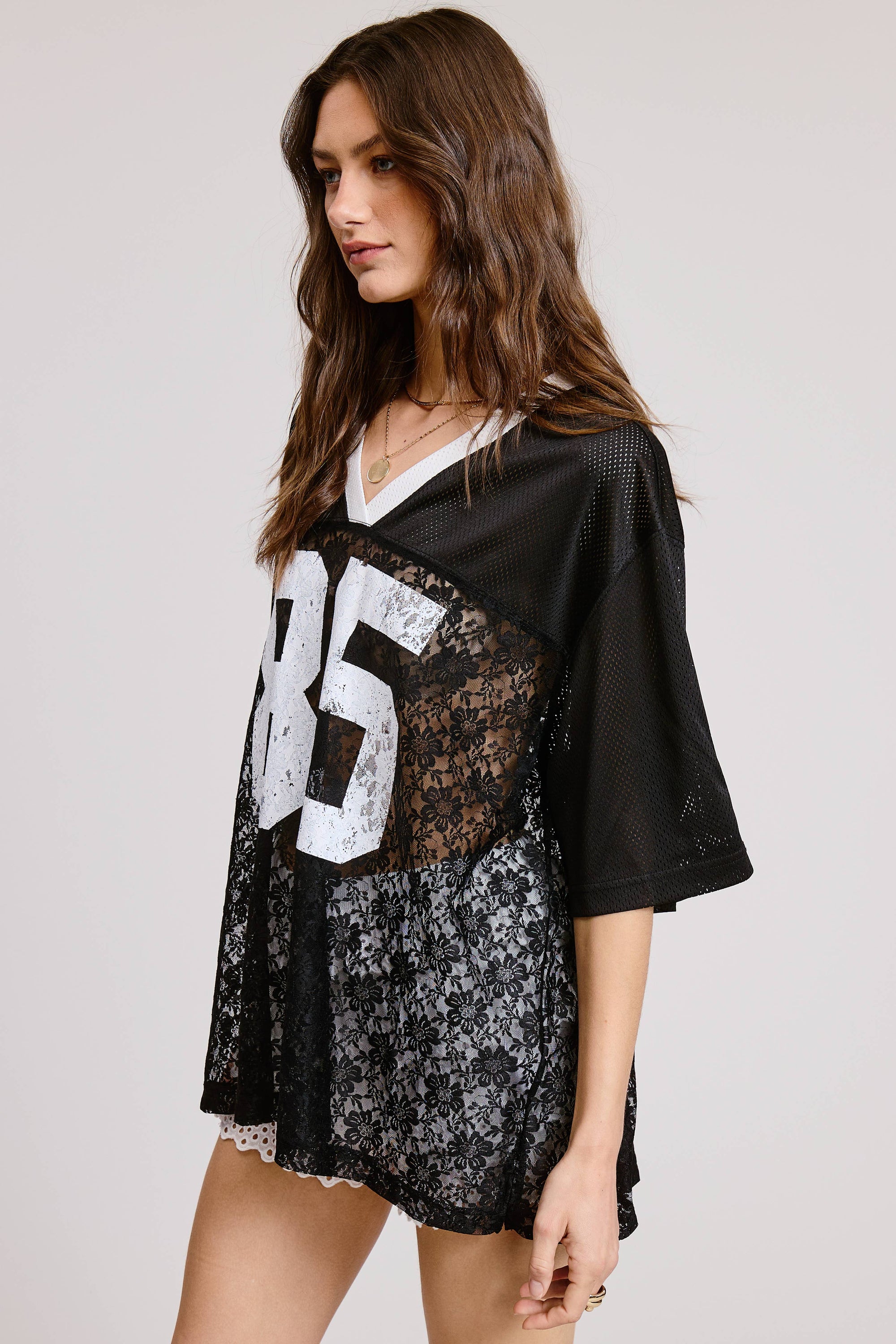 85 Graphic Jersey Top with Lace Contrast