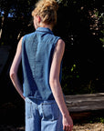 Collared Button Down Sleeveless Denim Top