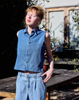 Collared Button Down Sleeveless Denim Top