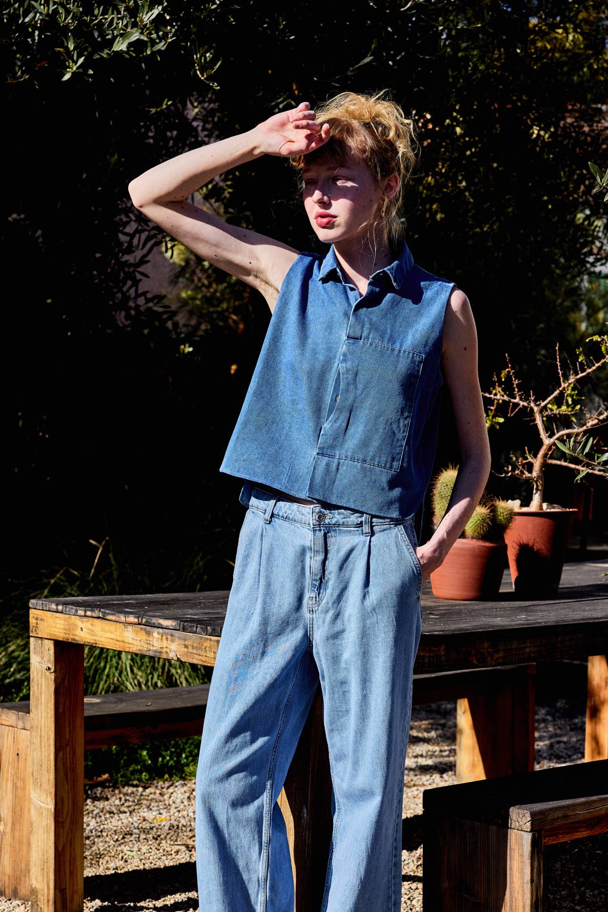 Collared Button Down Sleeveless Denim Top
