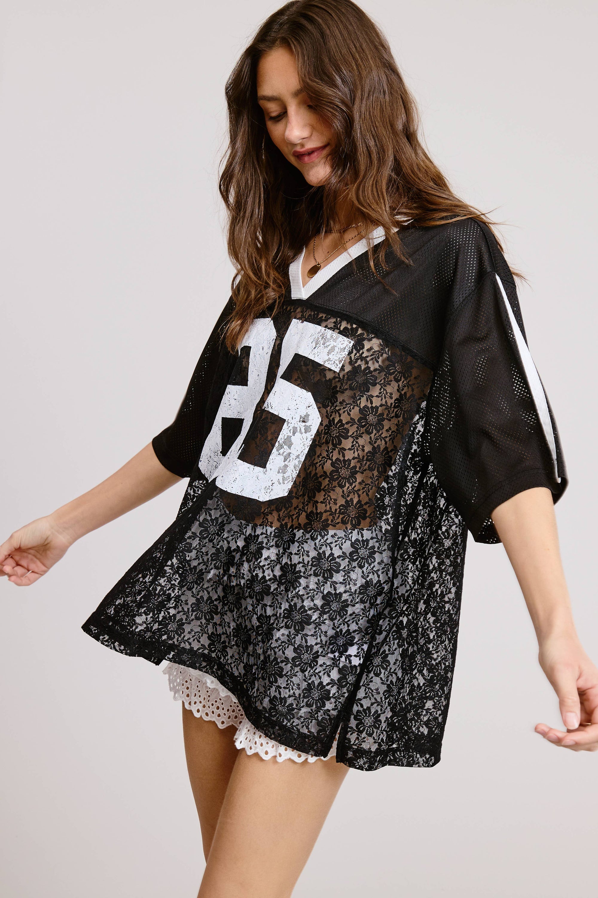 85 Graphic Jersey Top with Lace Contrast