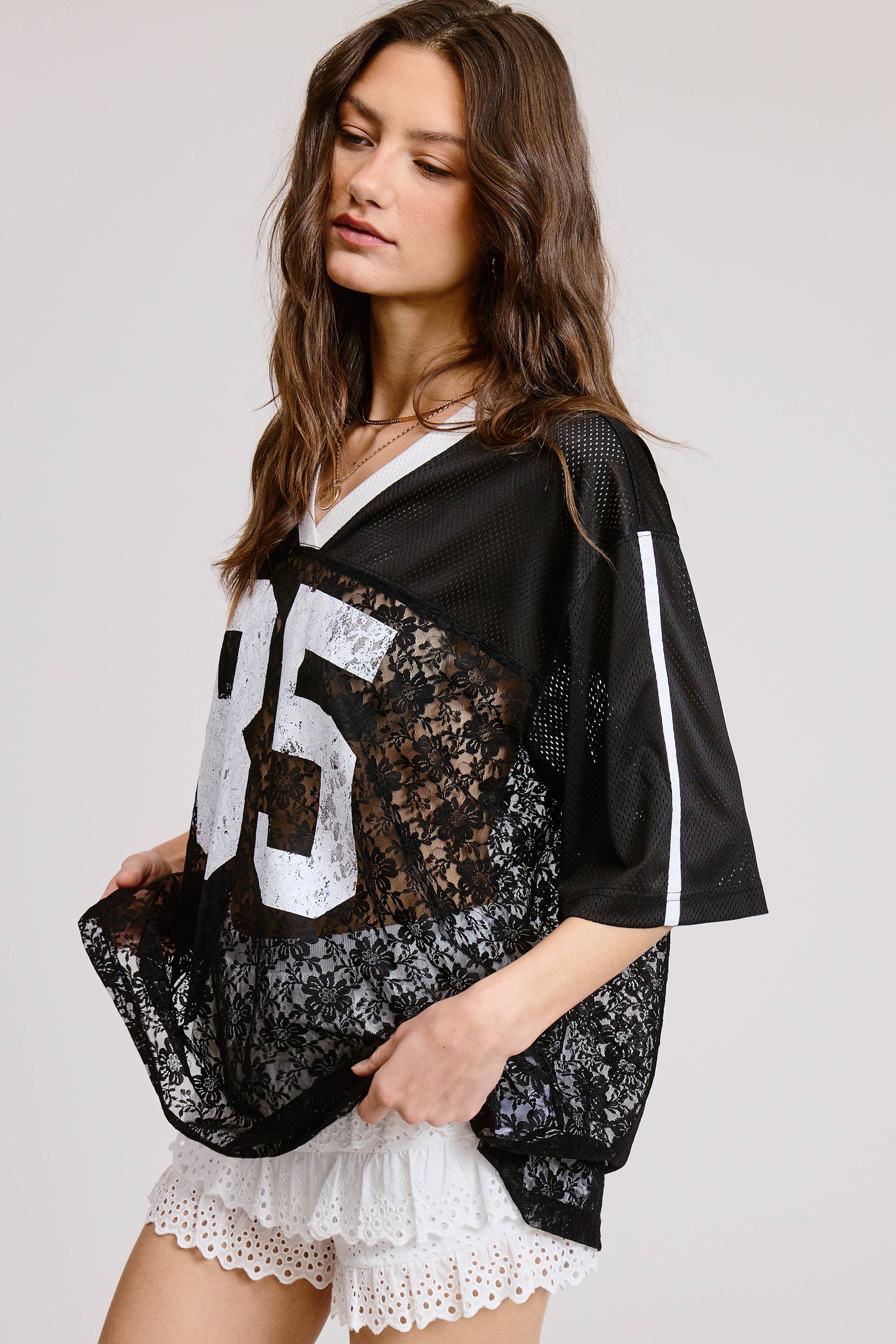 85 Graphic Jersey Top with Lace Contrast