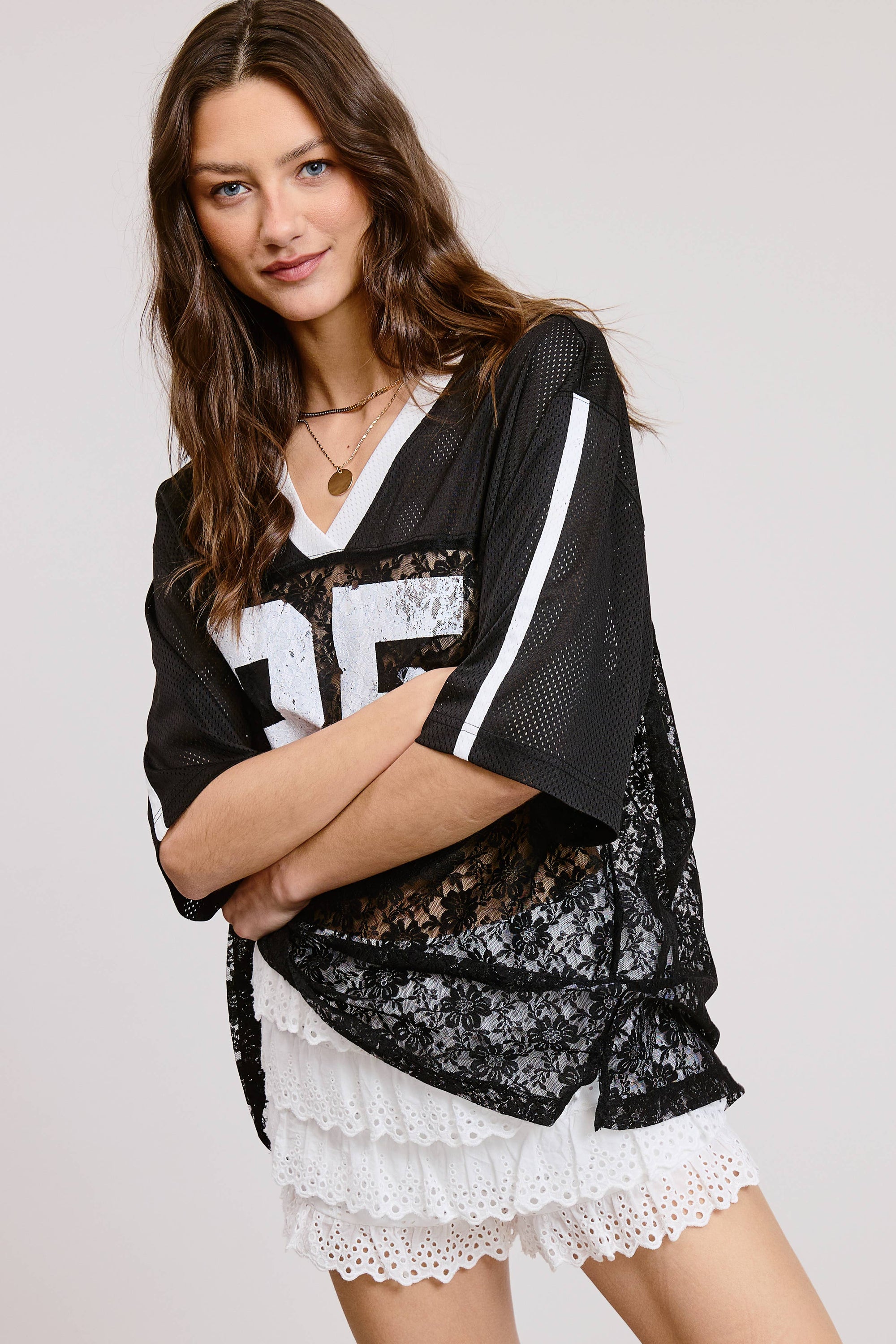 85 Graphic Jersey Top with Lace Contrast