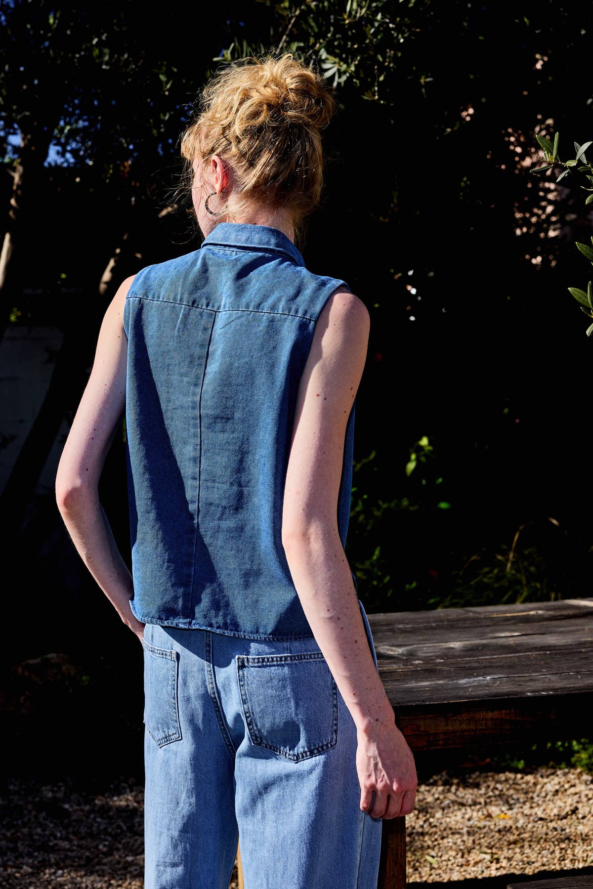 Collared Button Down Sleeveless Denim Top
