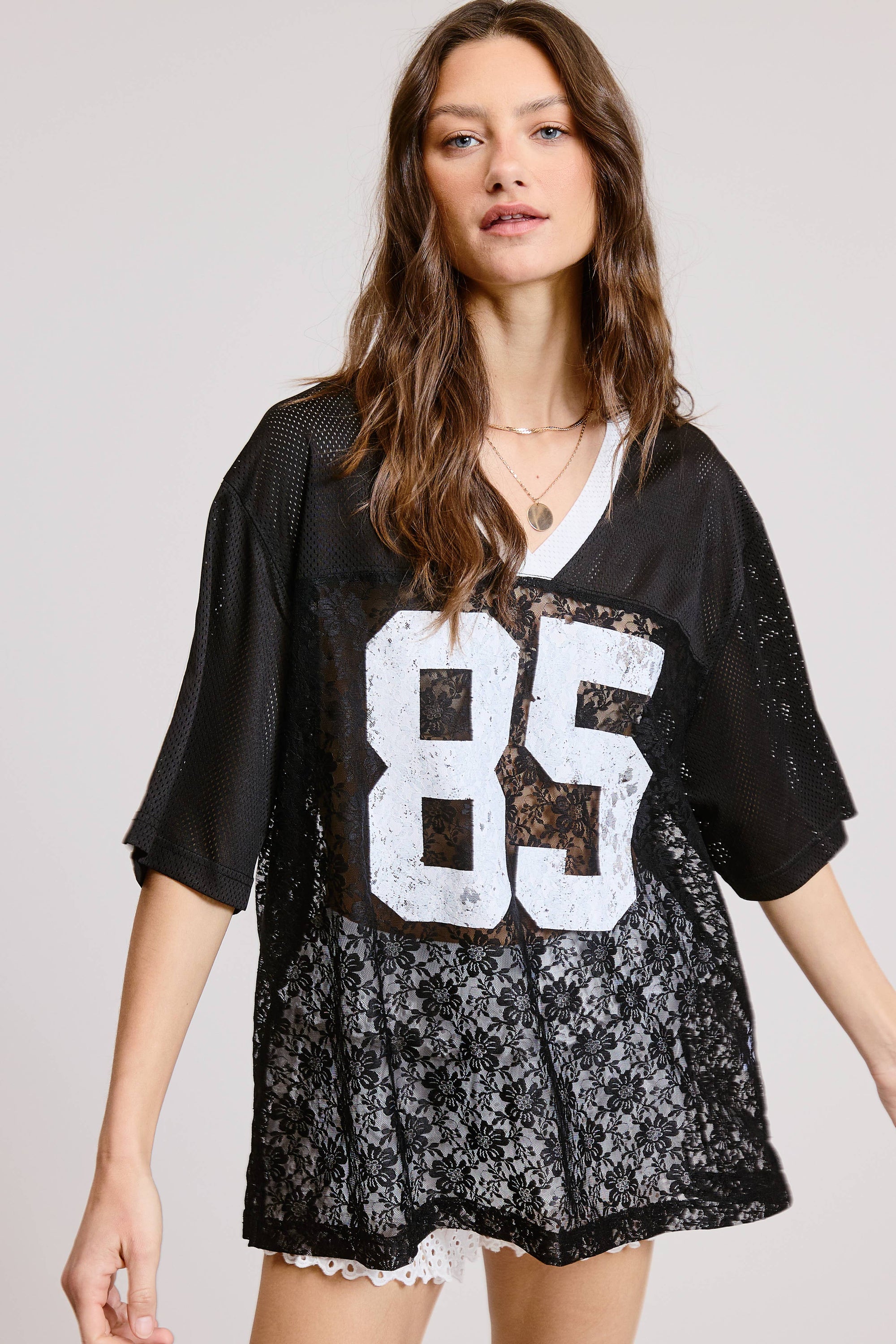 85 Graphic Jersey Top with Lace Contrast